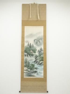 鳳仙筆　彩色山水　肉筆絹本掛軸（共箱）